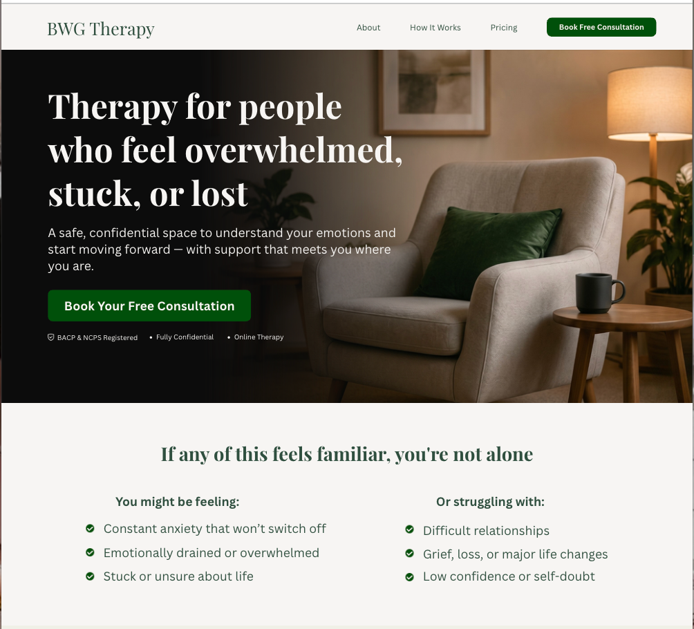 BWG Therapy website featuring a warm therapy room, consultation booking, and a symptom checklist